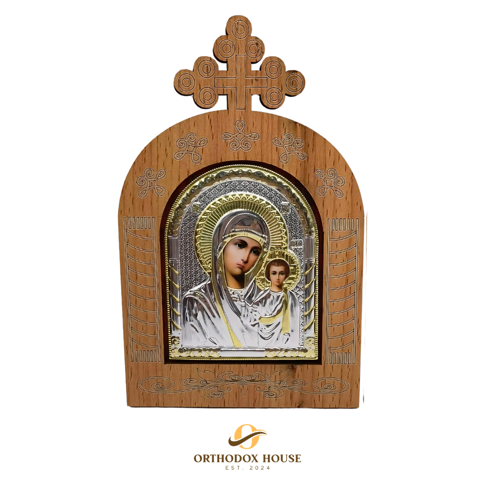 Smolensk Icon of Theotokos in Wooden Frame, Chased Smolensk Icon of Theotokos in Wooden Frame, Chased